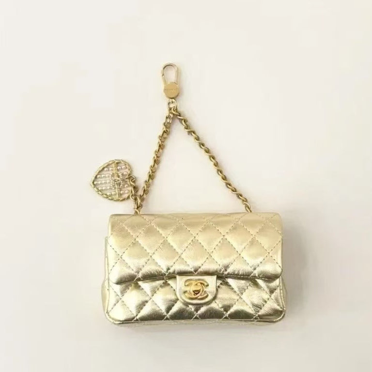 Chanel Classic Flap Bag 13 in Gold Lambskin with Pearl Heart Charm