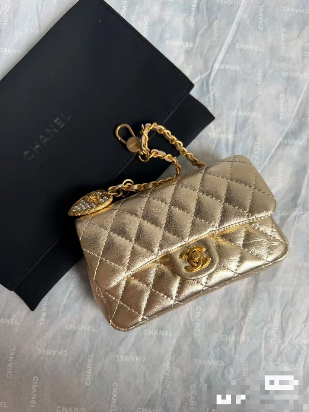 Chanel Classic Flap Bag 13 in Gold Lambskin with Pearl Heart Charm