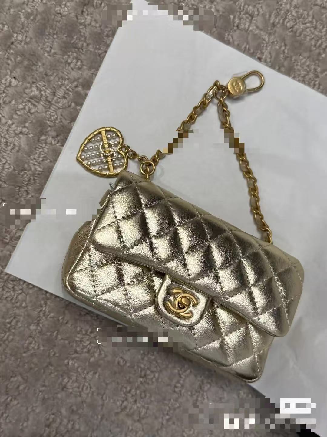 Chanel Classic Flap Bag 13 in Gold Lambskin with Pearl Heart Charm