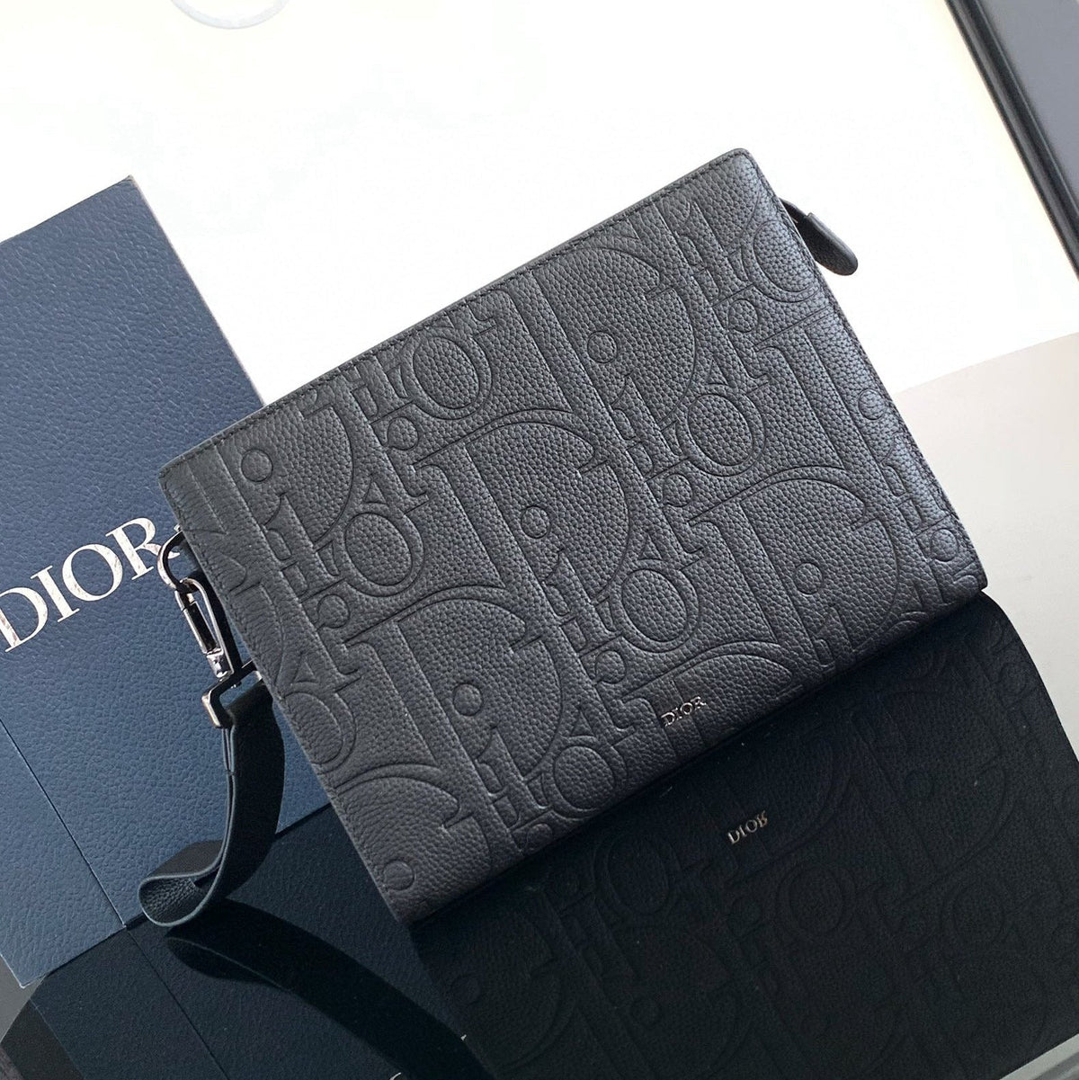 Dior Clutch 27 Bag in Black Calfskin Embossed Logo