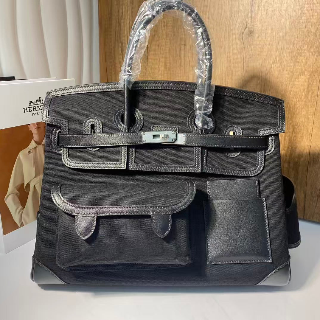 Hermes Birkin Cargo 35cm Black Canvas and Leather Silver Hardware Bag