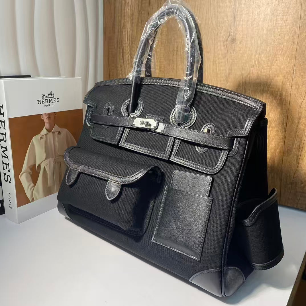 Hermes Birkin Cargo 35cm Black Canvas and Leather Silver Hardware Bag