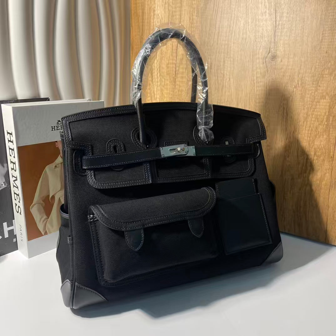 Hermes Birkin Cargo 35cm Black Canvas and Leather Silver Hardware Bag