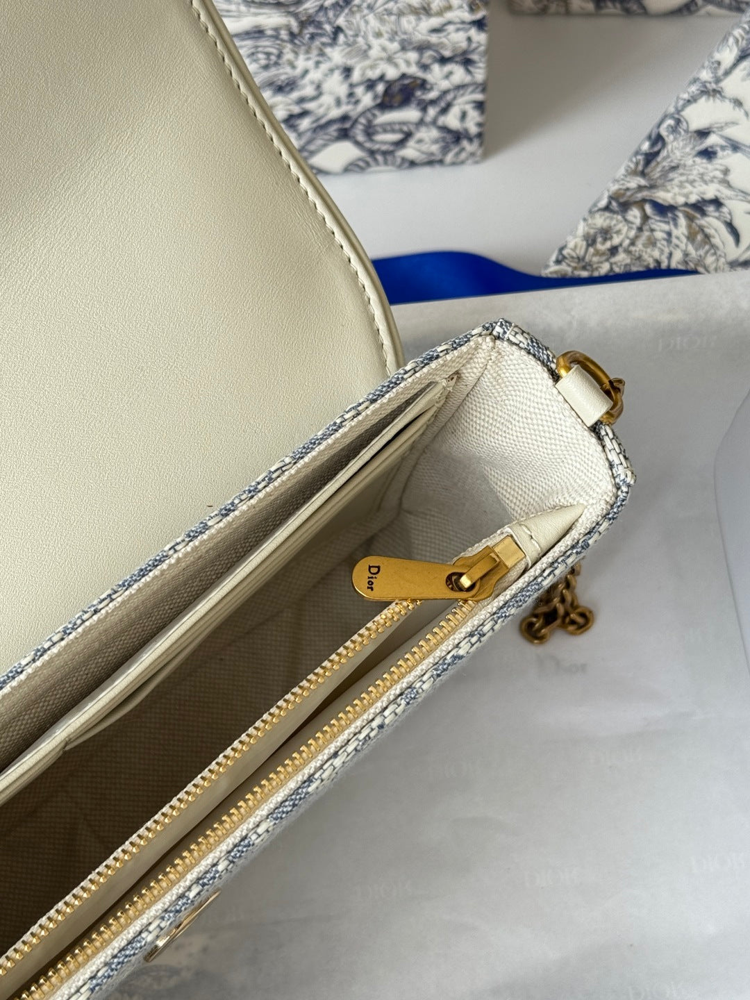 Dior 25S Medium Saddle Pouch with Chain 21 in Light Blue Dior Oblique Jacquard Canvas