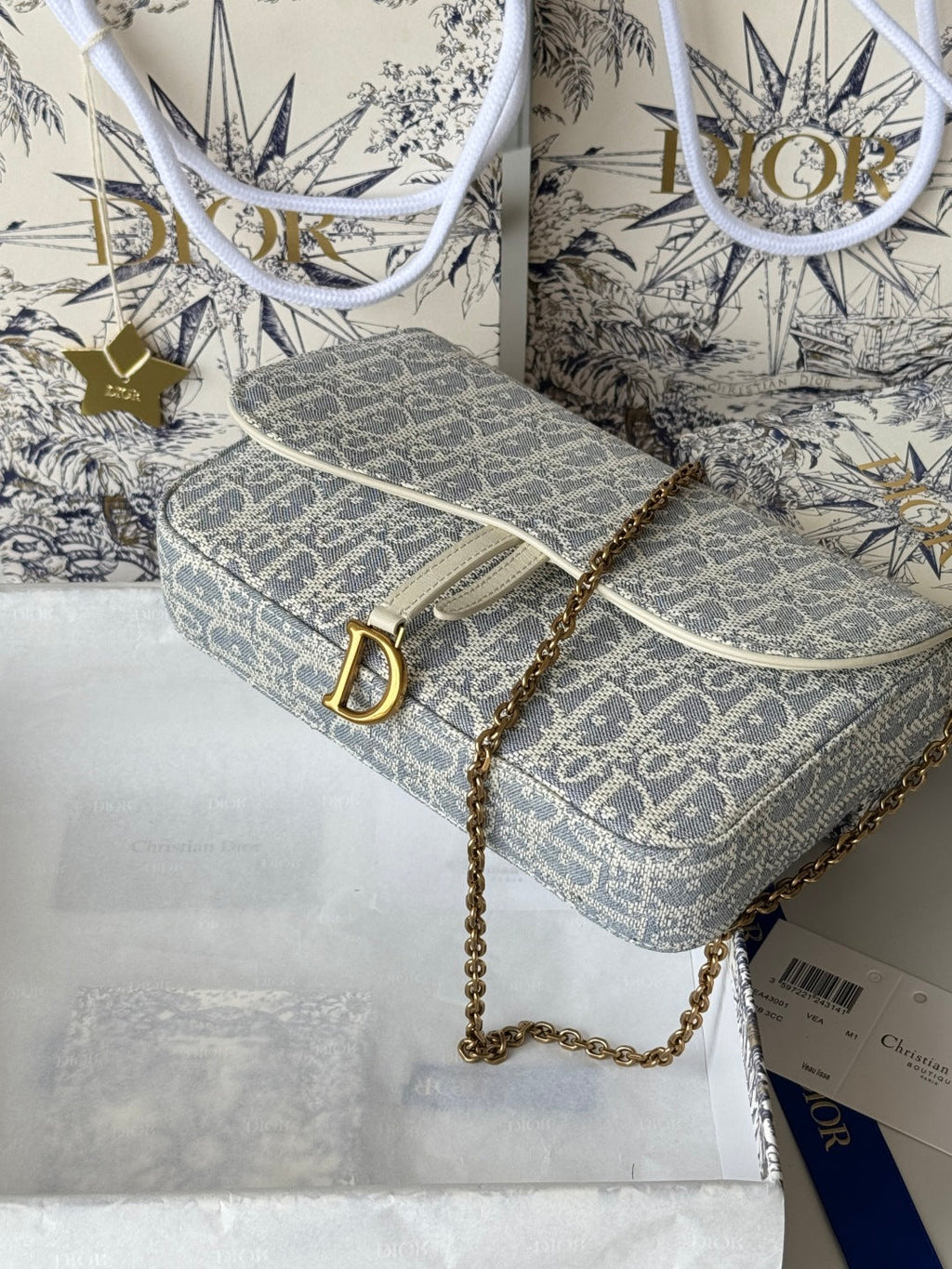 Dior 25S Medium Saddle Pouch with Chain 21 in Light Blue Dior Oblique Jacquard Canvas