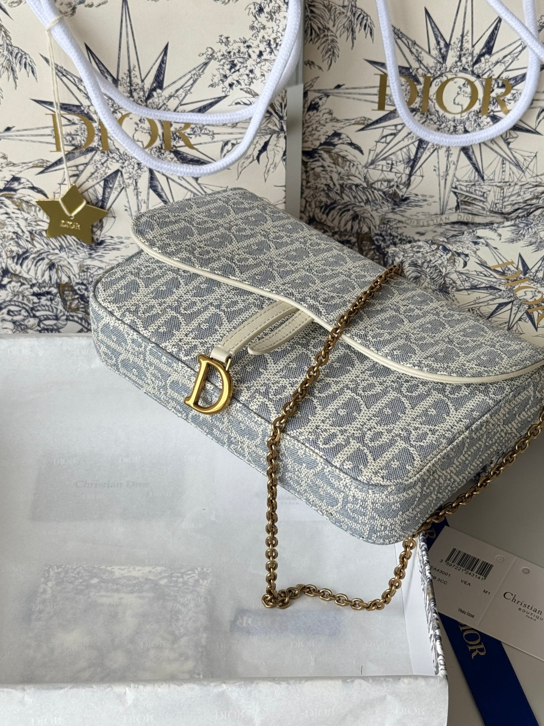 Dior 25S Medium Saddle Pouch with Chain 21 in Light Blue Dior Oblique Jacquard Canvas