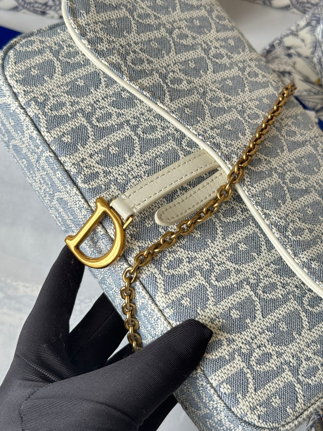 Dior 25S Medium Saddle Pouch with Chain 21 in Light Blue Dior Oblique Jacquard Canvas