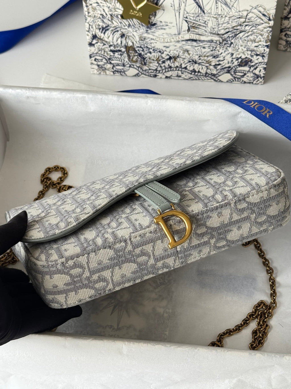 Dior 25S Medium Saddle Pouch with Chain 21 in Gray Dior Oblique Jacquard Canvas