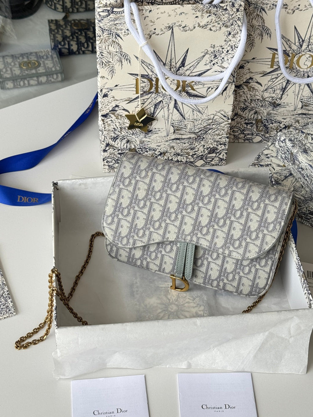 Dior 25S Medium Saddle Pouch with Chain 21 in Gray Dior Oblique Jacquard Canvas