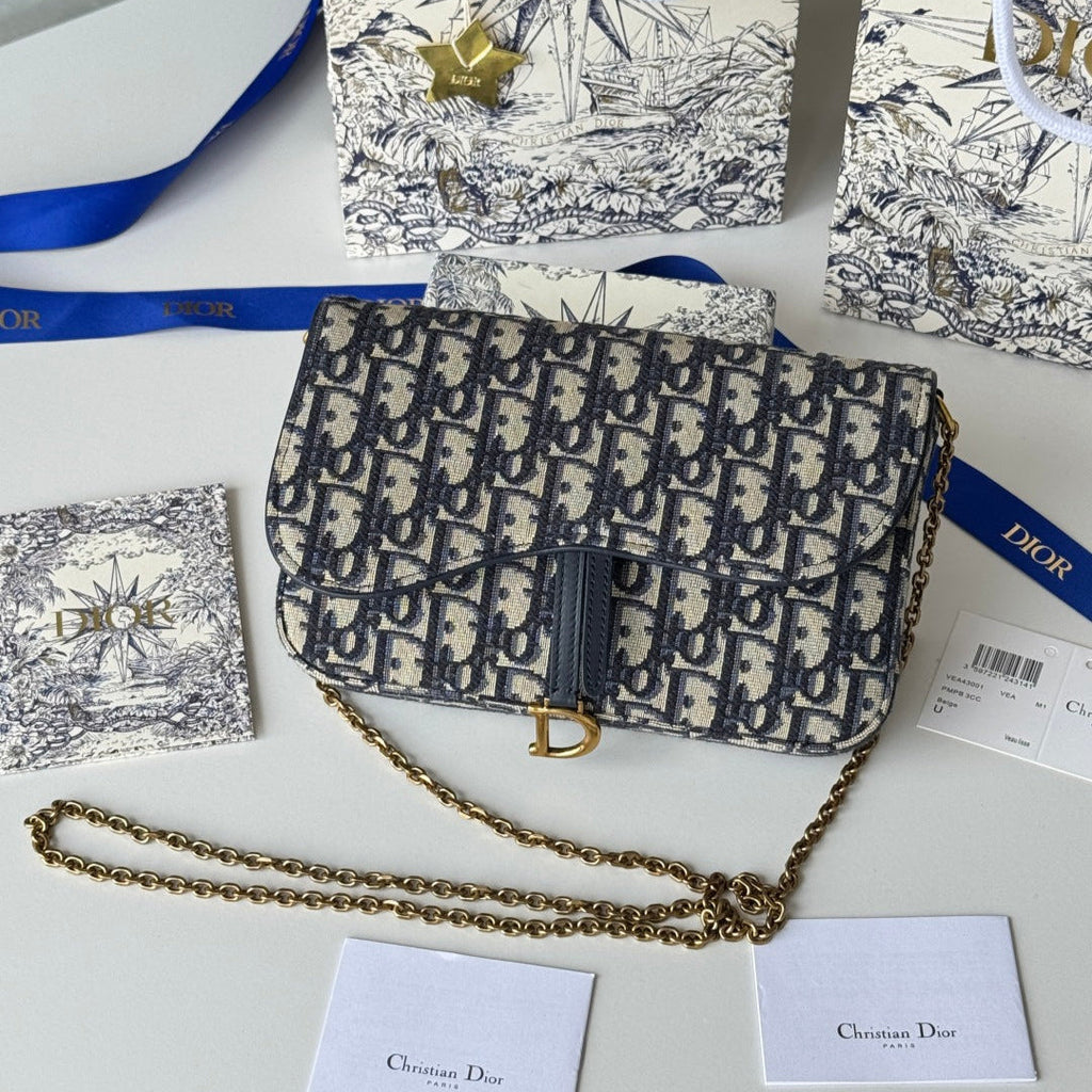 Dior 25S Medium Saddle Pouch with Chain 21 in Blue Dior Oblique Jacquard Canvas