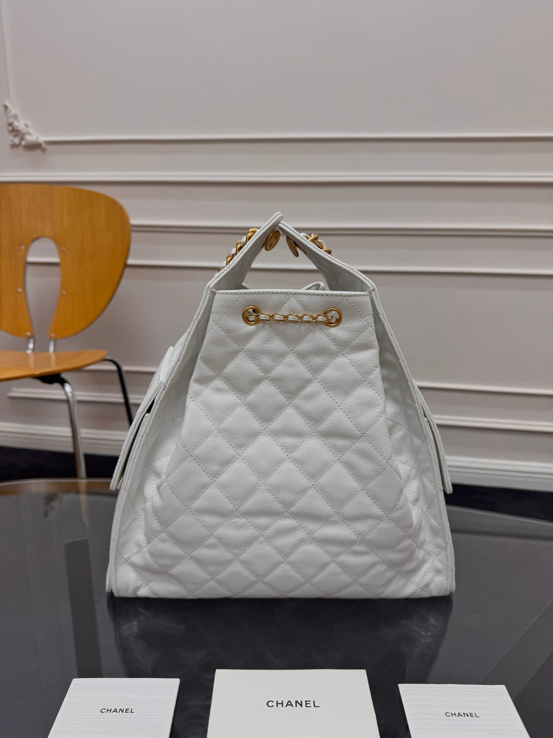 Chanel 25S Hobo Bag 40 in White Caviar with Gold Hardware