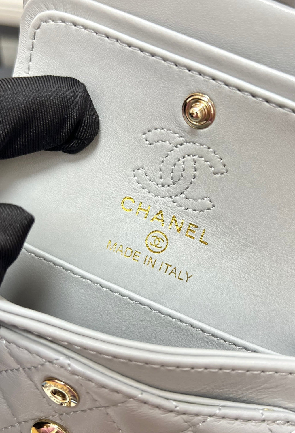 Chanel 25S Flap Charm Bag 13 in Grey Lambskin