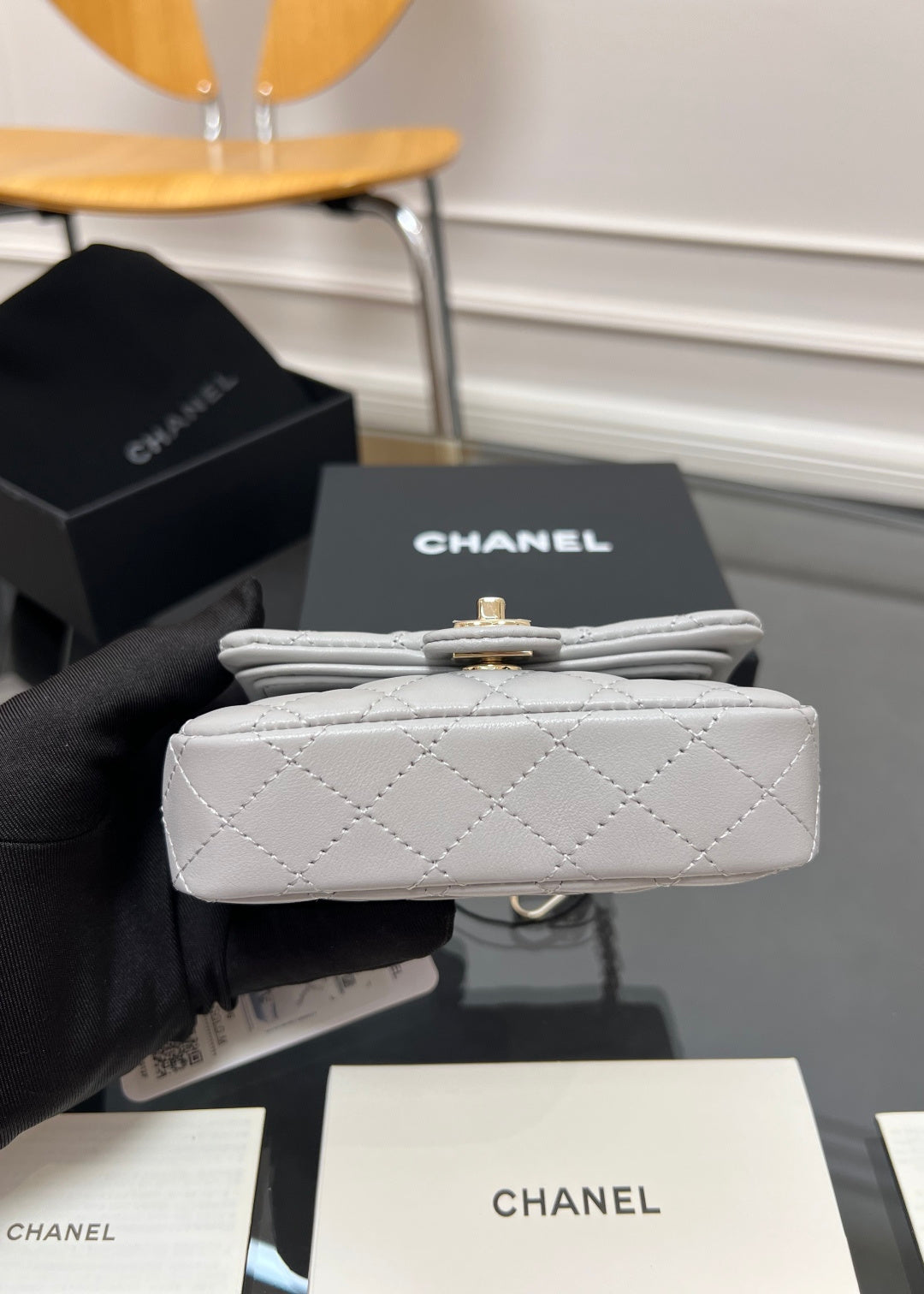 Chanel 25S Flap Charm Bag 13 in Grey Lambskin