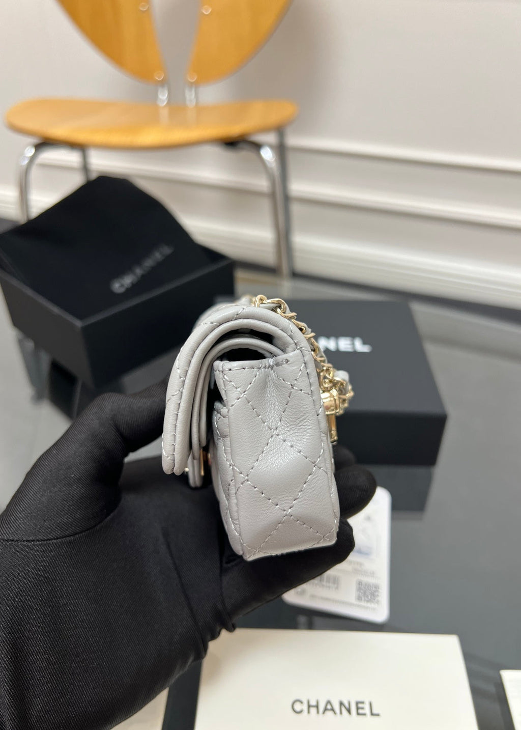 Chanel 25S Flap Charm Bag 13 in Grey Lambskin