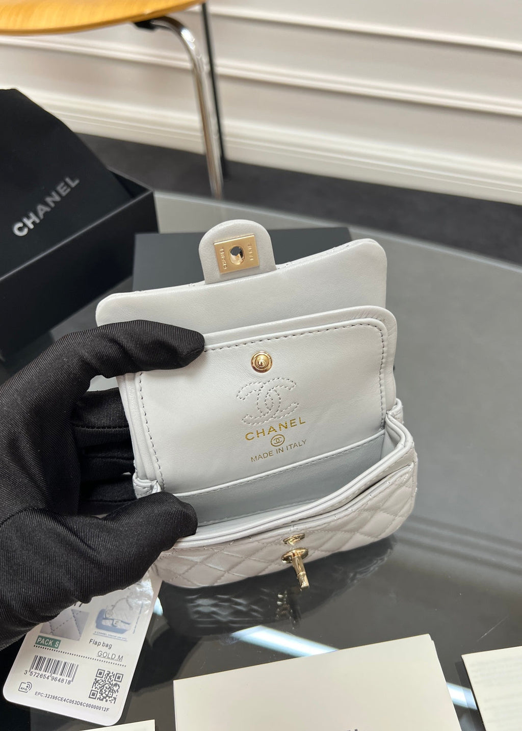 Chanel 25S Flap Charm Bag 13 in Grey Lambskin
