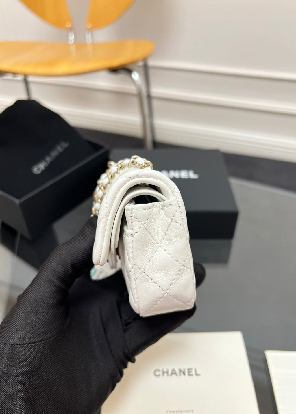 Chanel 25S Flap Charm Bag 13 in White Lambskin