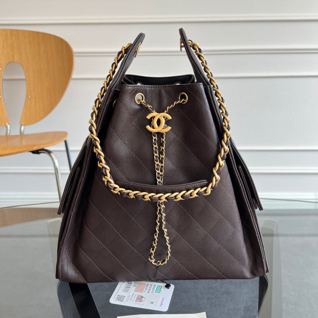 Chanel 25S Hobo Bag 40 in Dark Earth Brown Caviar with Gold Hardware