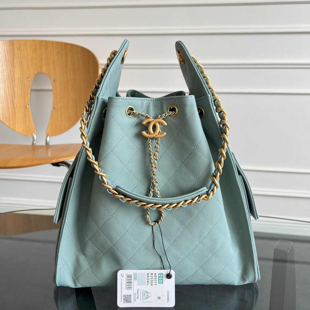 Chanel 25S Hobo Bag 40 in Soft Teal Blue Caviar with Gold Hardware