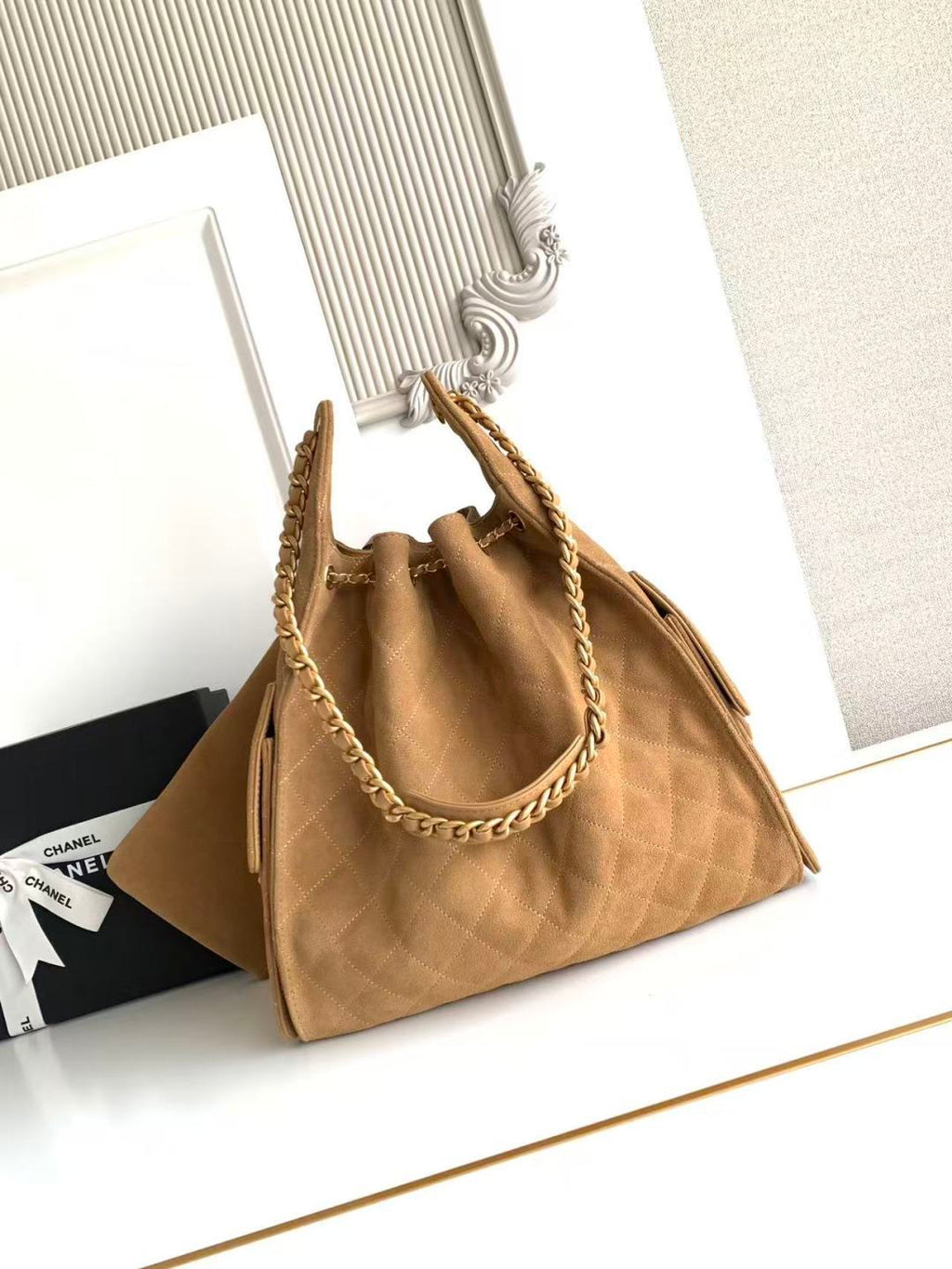 Chanel 25S Hobo Bag 40 in Brown Suede with Gold Hardware
