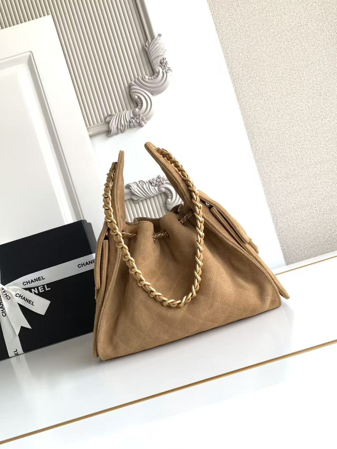 Chanel 25S Hobo Bag 30 in Brown Suede with Gold Hardware