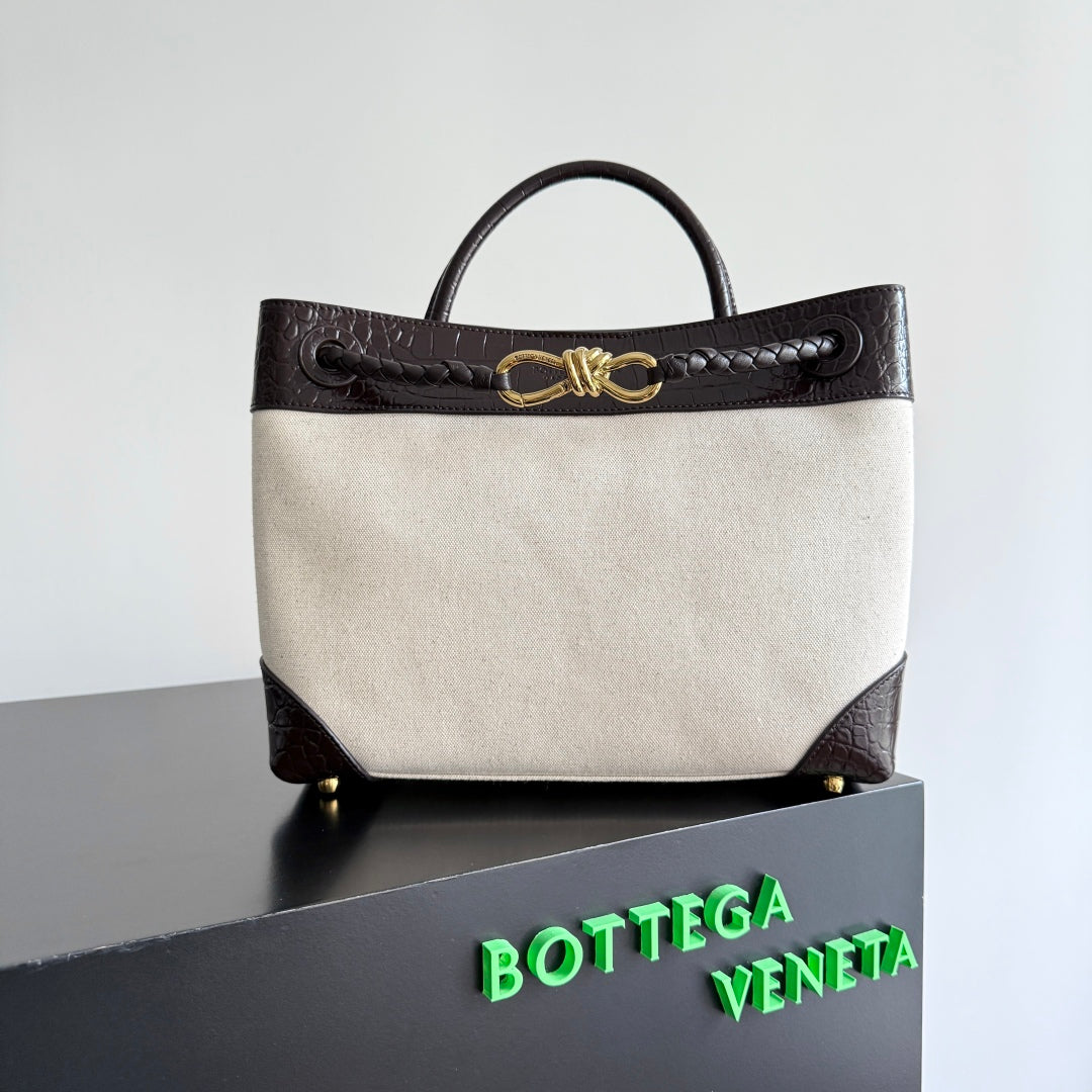 Bottega Veneta 25S Medium Andiamo 32 in Ivory Dark Brown Calfskin and Canvas Bag