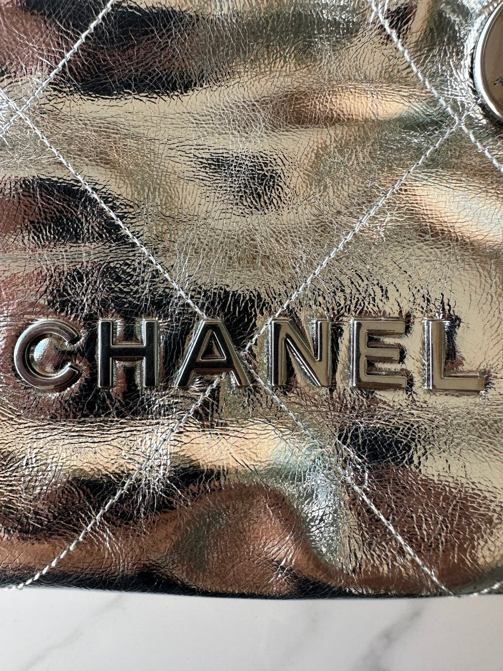 Chanel Mini 20 Bag in Silver Metallic Lambskin