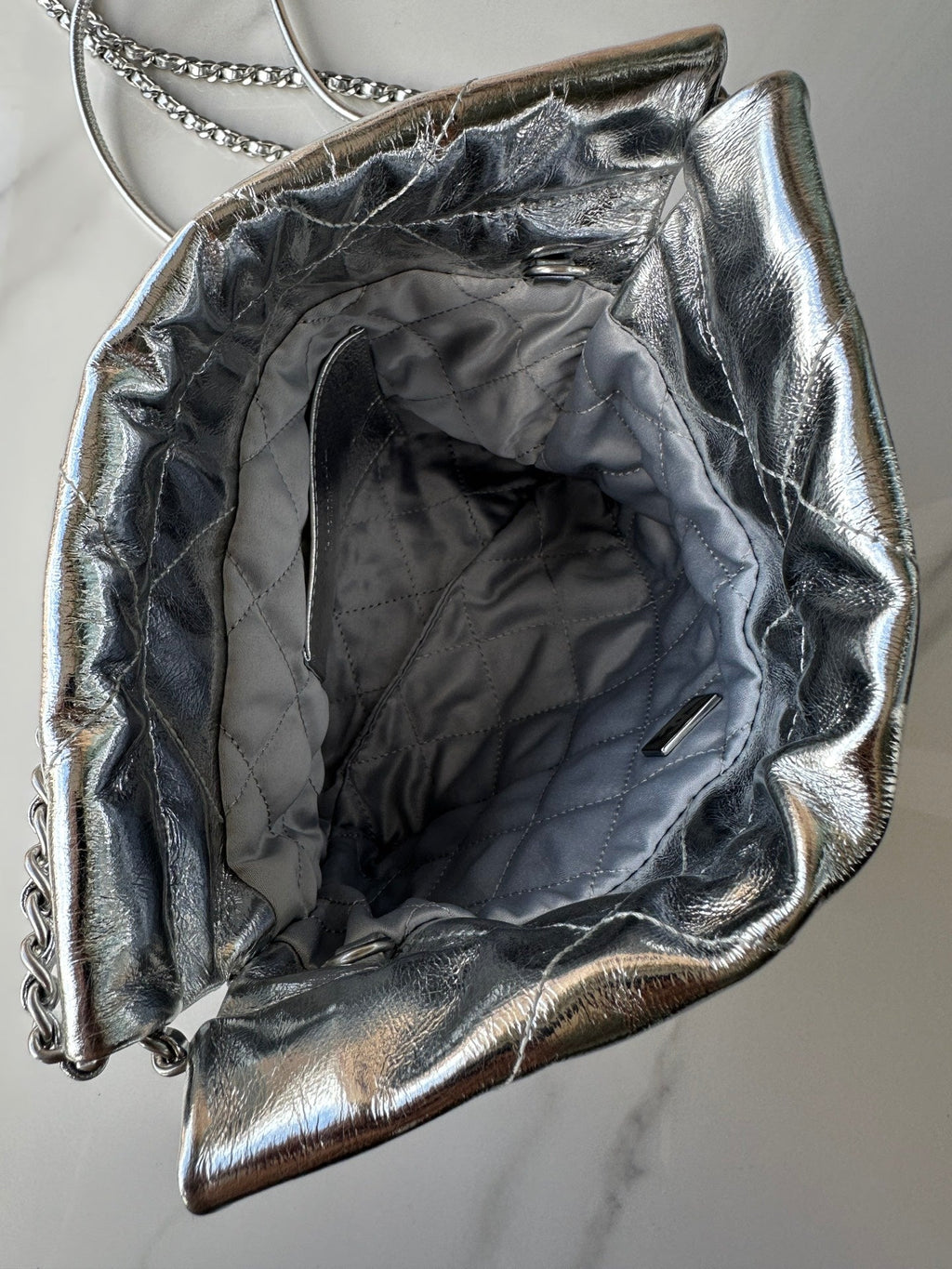 Chanel Mini 20 Bag in Silver Metallic Lambskin