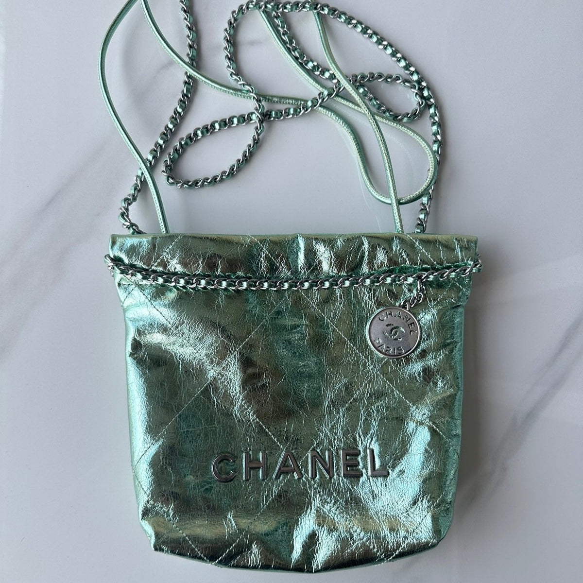 Chanel Mini 20 Bag in Sea Green Metallic Lambskin