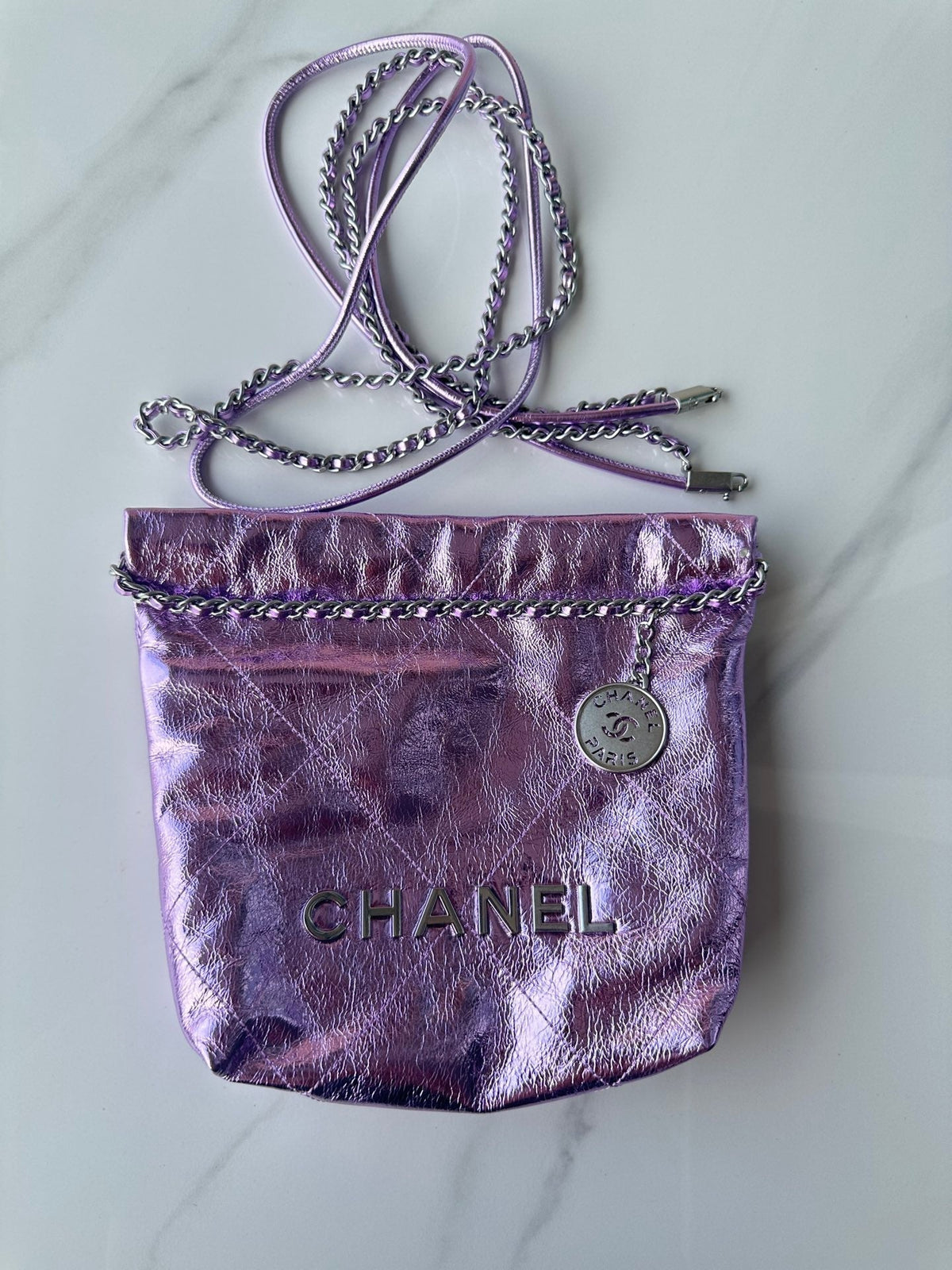 Chanel Mini 20 Bag in Violet Purple Metallic Lambskin
