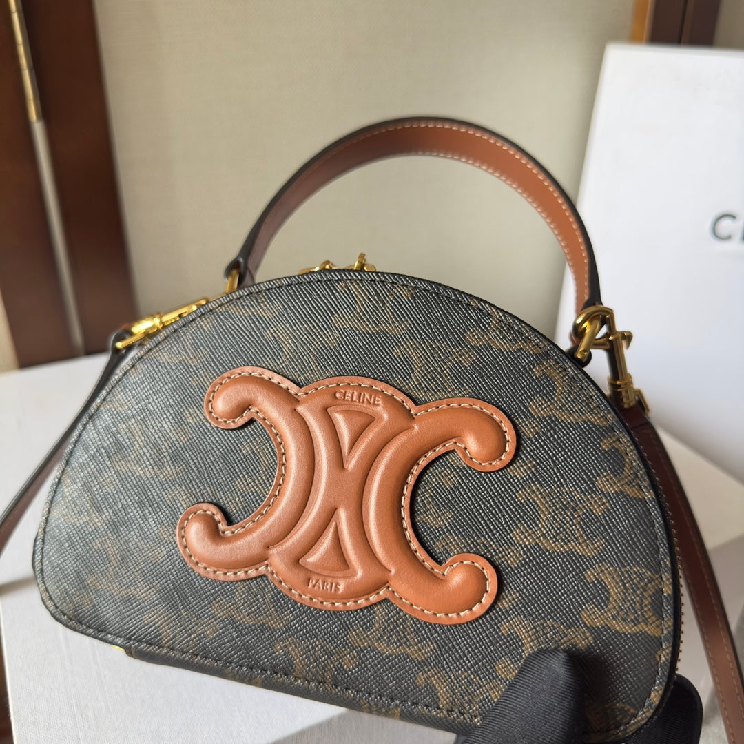 Celine Half Moon Case 18 in Black Triomphe Canvas and Bronze Brown Calfskin