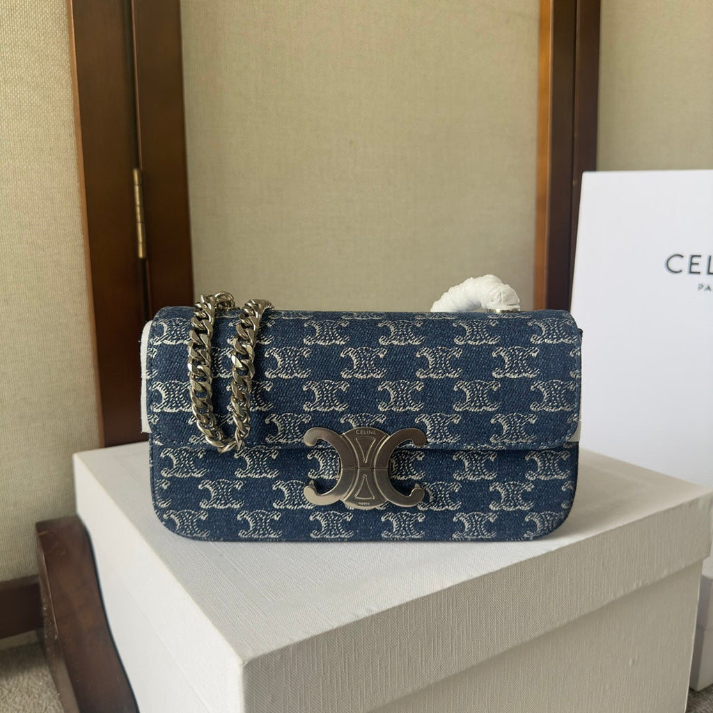 Celine Chain Shoulder Bag Claude 20 in Bayoux Blue Triomphe Denim Silver Hardware