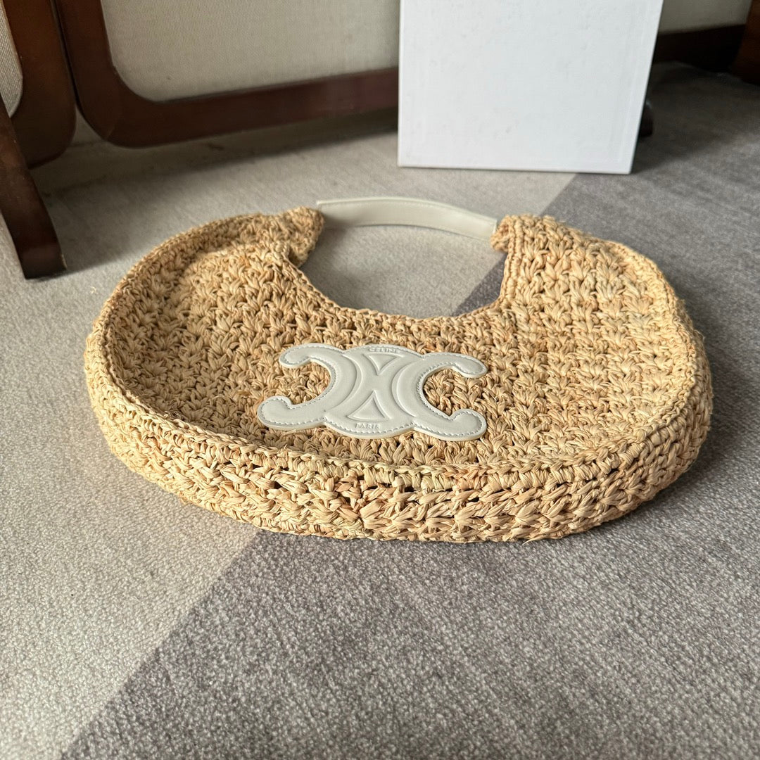 Celine Panier Hobo Bag 33 in Raffia and Calfskin Logo White