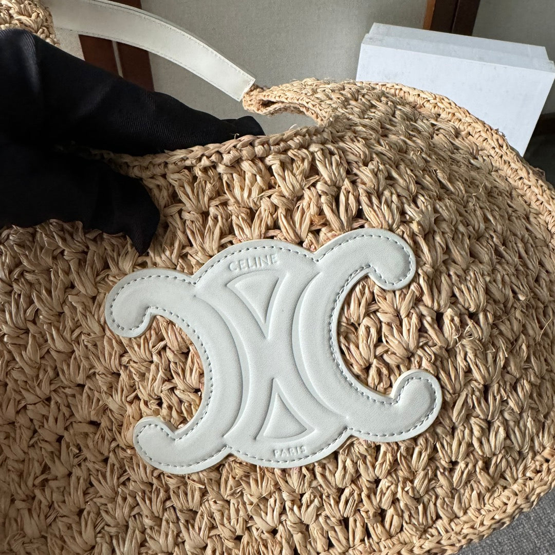 Celine Panier Hobo Bag 33 in Raffia and Calfskin Logo White
