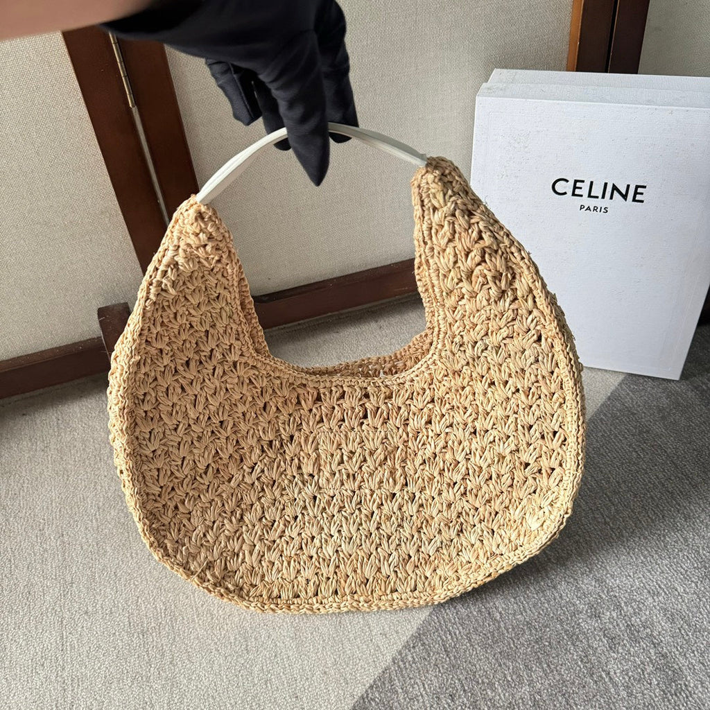 Celine Panier Hobo Bag 33 in Raffia and Calfskin Logo White