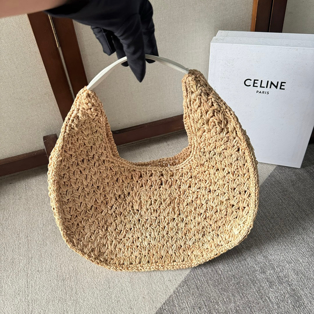 Celine Panier Hobo Bag 33 in Raffia and Calfskin Logo White