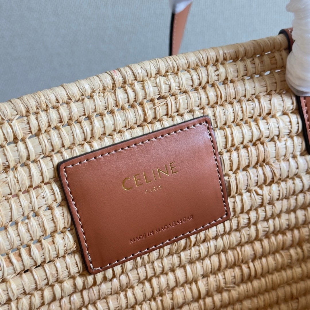 Celine Classic Panier Medium Braided Triomphe 47 in Beige Raffia and Calfskin Bag