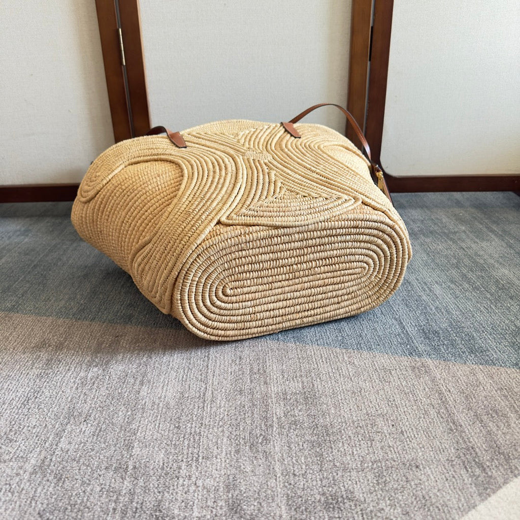 Celine Classic Panier Medium Braided Triomphe 47 in Beige Raffia and Calfskin Bag