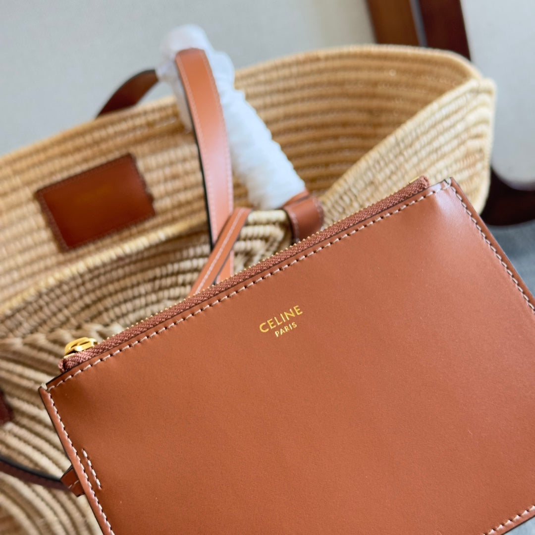 Celine Classic Panier Medium Braided Triomphe 47 in Beige Raffia and Calfskin Bag