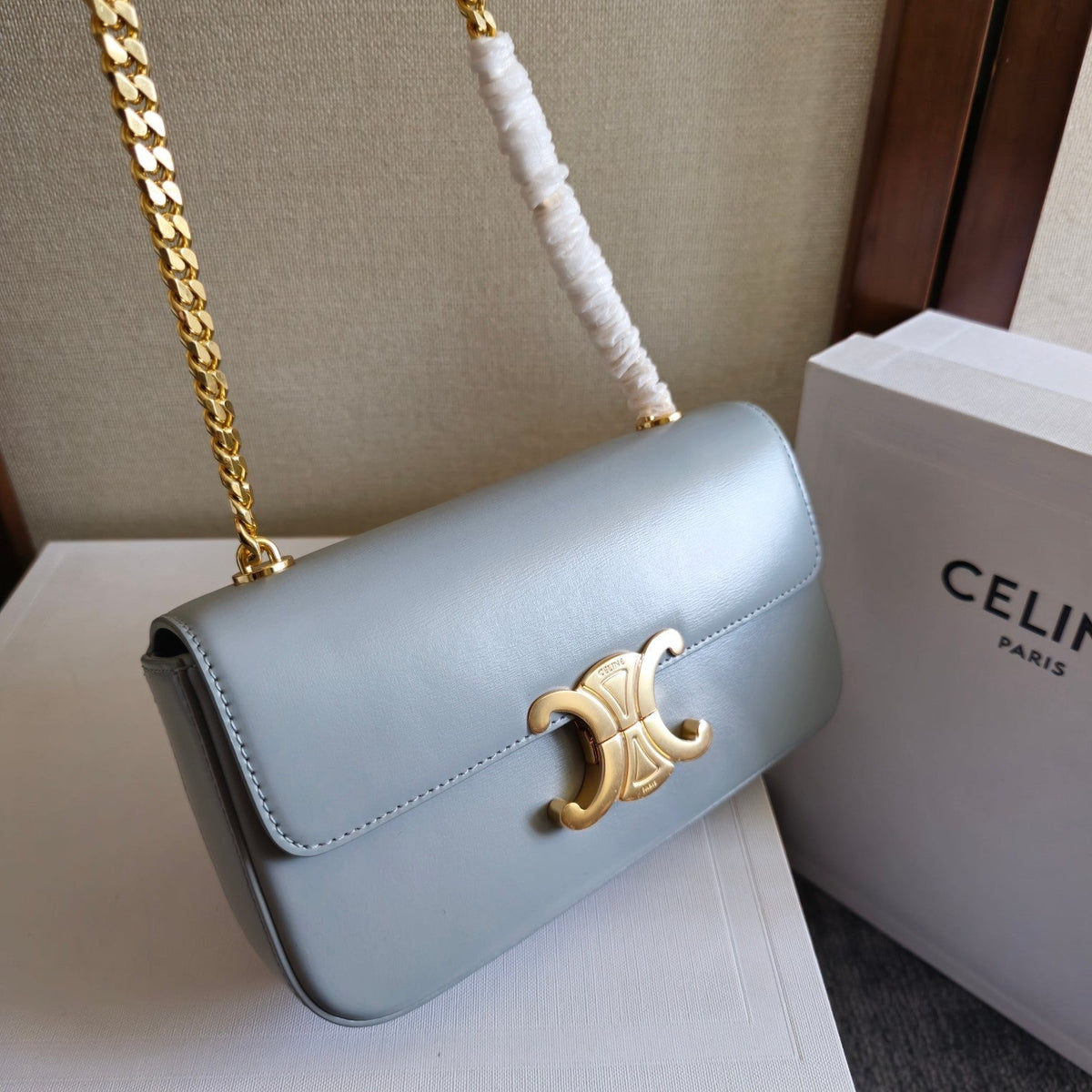 Celine Chain Embossed Armpit Bag 20 in Cool Gray Blue Calfskin