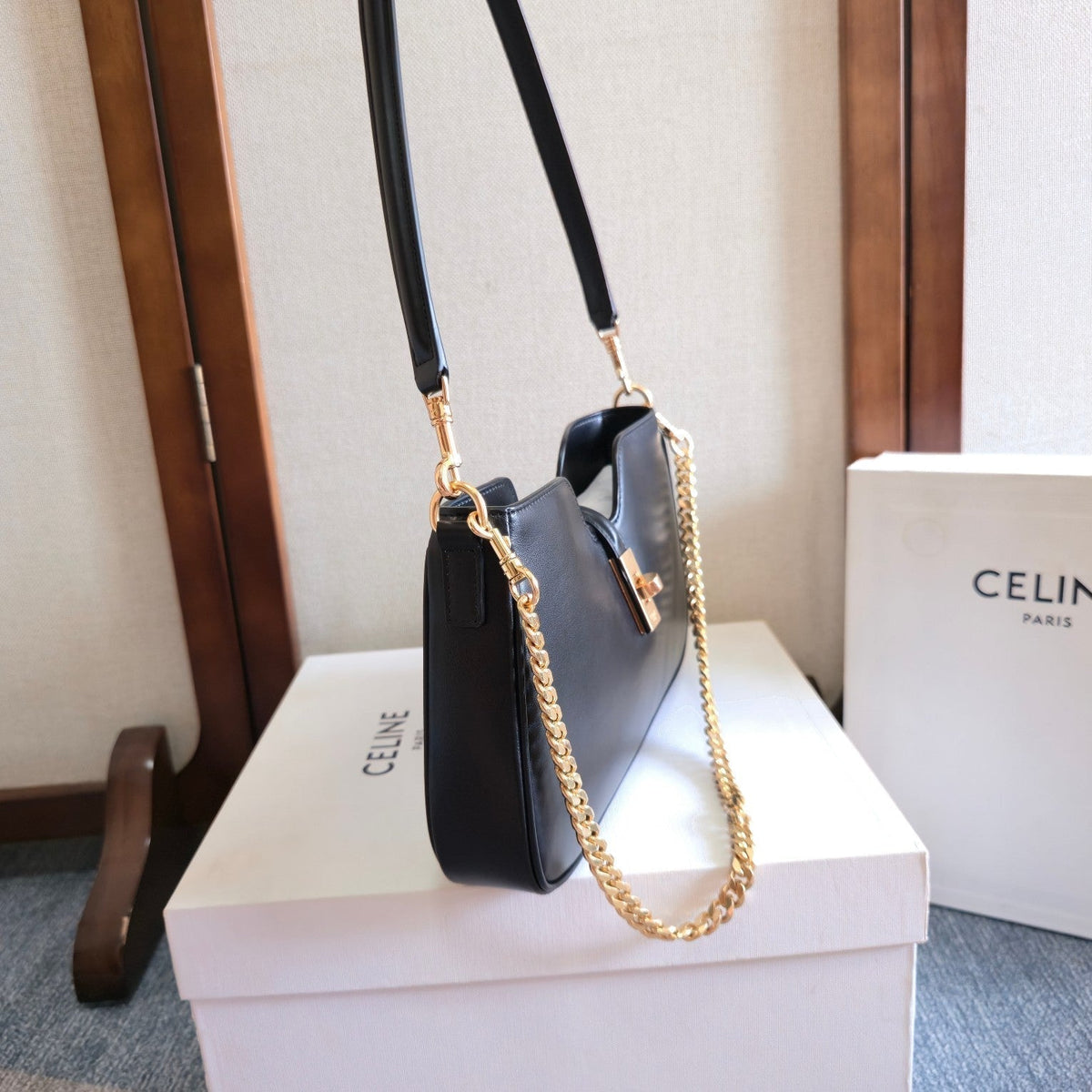 Celine 25S Shoulder Camille 16 Soft 27mm in Black Calfskin Gold Hardware Bag