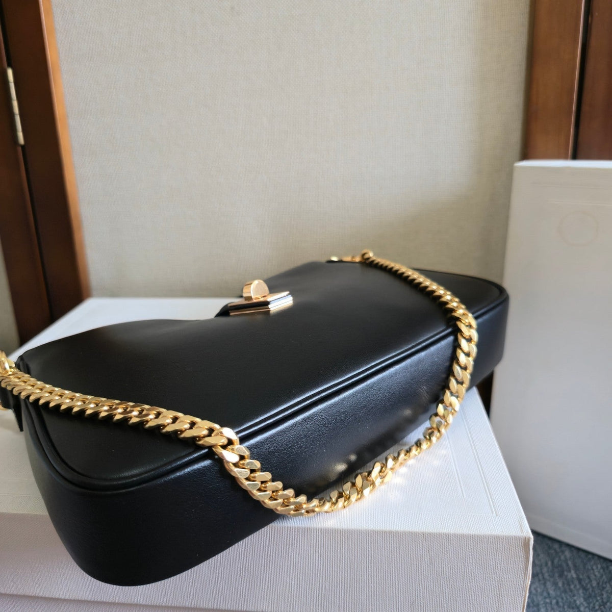 Celine 25S Shoulder Camille 16 Soft 27mm in Black Calfskin Gold Hardware Bag