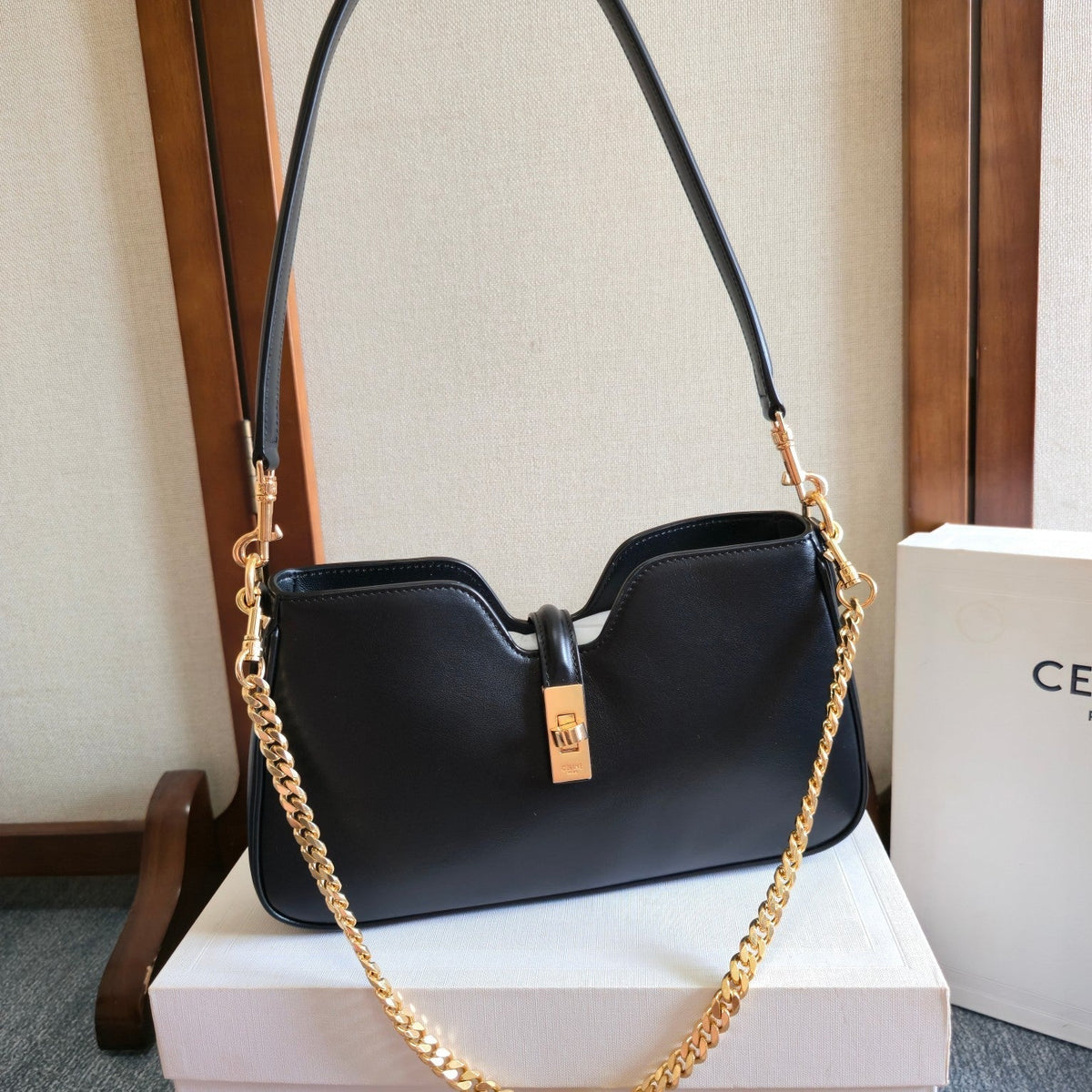 Celine 25S Shoulder Camille 16 Soft 27mm in Black Calfskin Gold Hardware Bag
