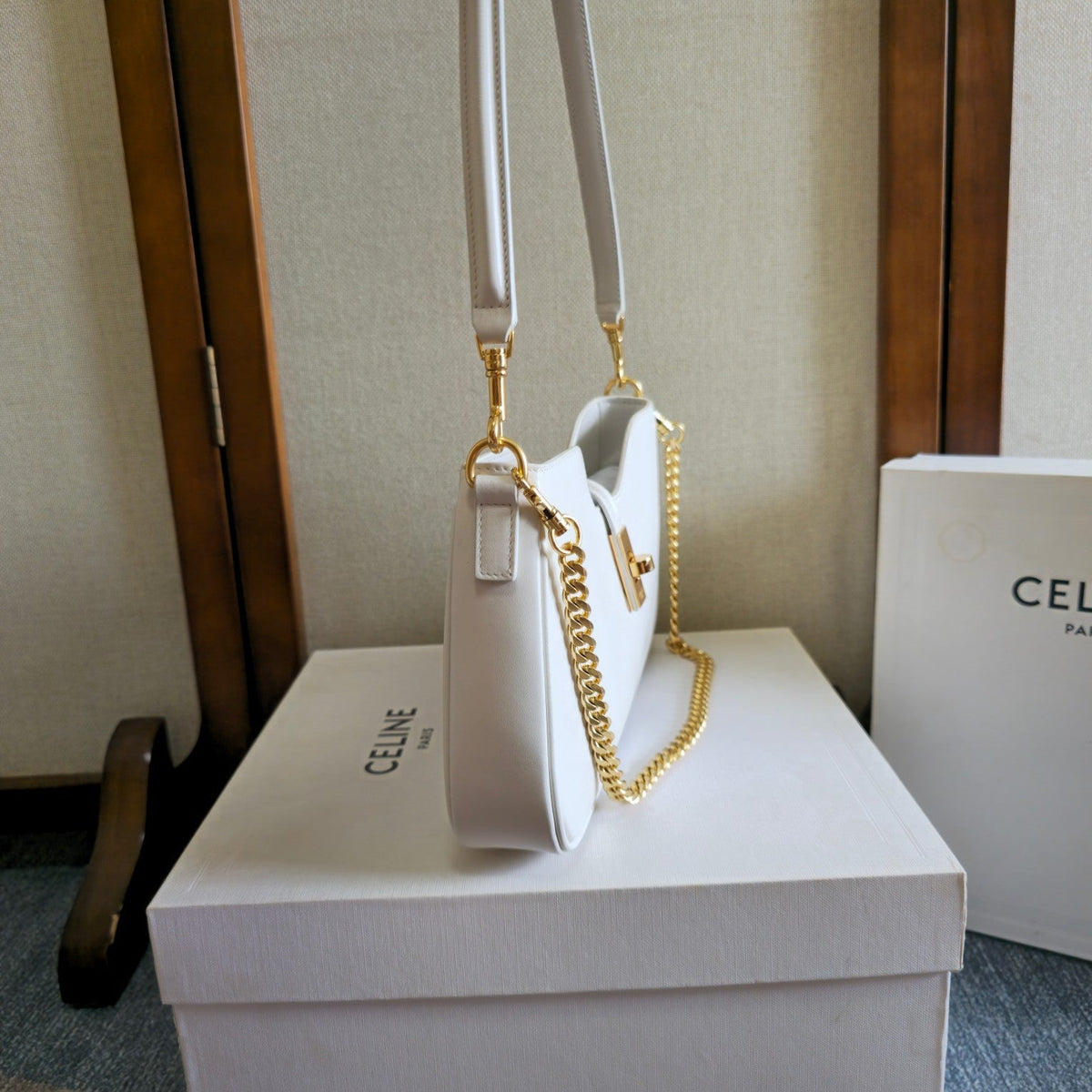 Celine 25S Shoulder Camille 16 Soft 27mm in White Calfskin Gold Hardware Bag