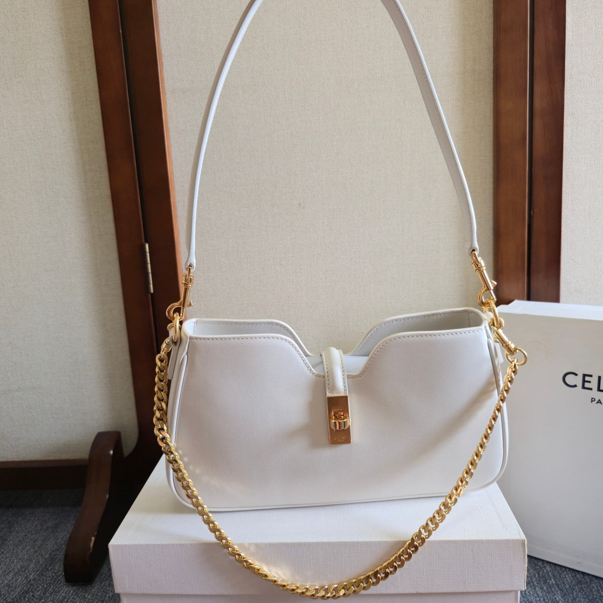 Celine 25S Shoulder Camille 16 Soft 27mm in White Calfskin Gold Hardware Bag