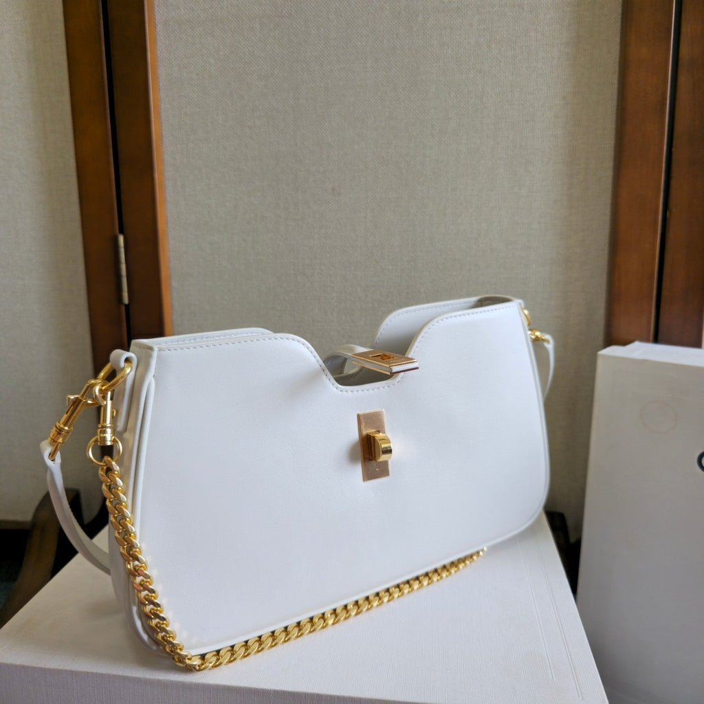 Celine 25S Shoulder Camille 16 Soft 27mm in White Calfskin Gold Hardware Bag