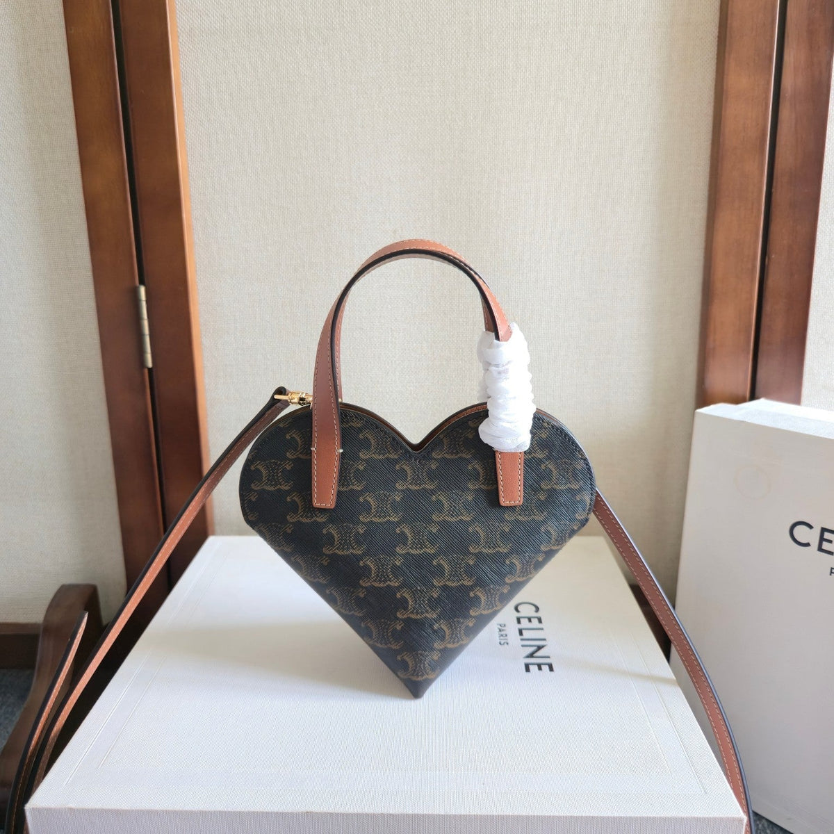 Celine 25S Teen Coeur Bag 19 mm in Black Triomphe Canvas and Tan Calfskin