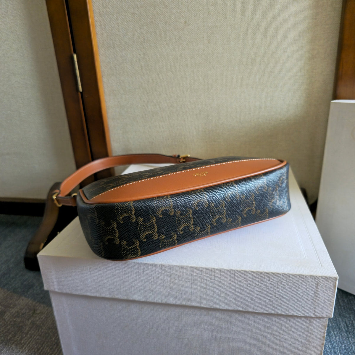 Celine 25S Shoulder Bag 21mm in Black Triomphe Canvas and Borwn Calfskin