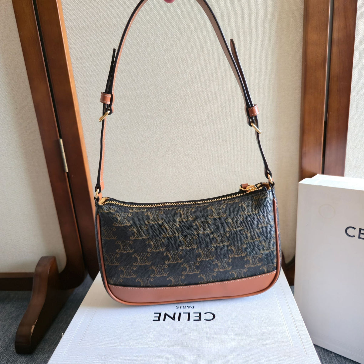 Celine 25S Shoulder Bag 21mm in Black Triomphe Canvas and Borwn Calfskin