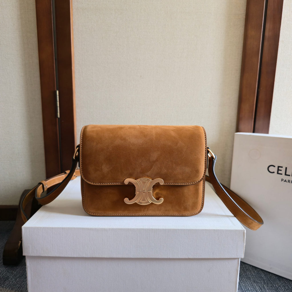 Celine 25S Teen Triomphe Bag 18mm in Caramel Brown Suede Gold Hardware