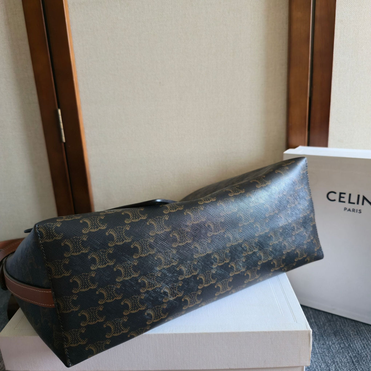 Celine 25S Soft Shopper Bag 32 in Black Triomphe Canvas and Brown Calfskin